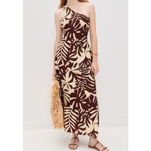 Runway The Label One Shoulder Maxi Dress Topical Print Brown Butter Yellow M NEW - Picture 12 of 12